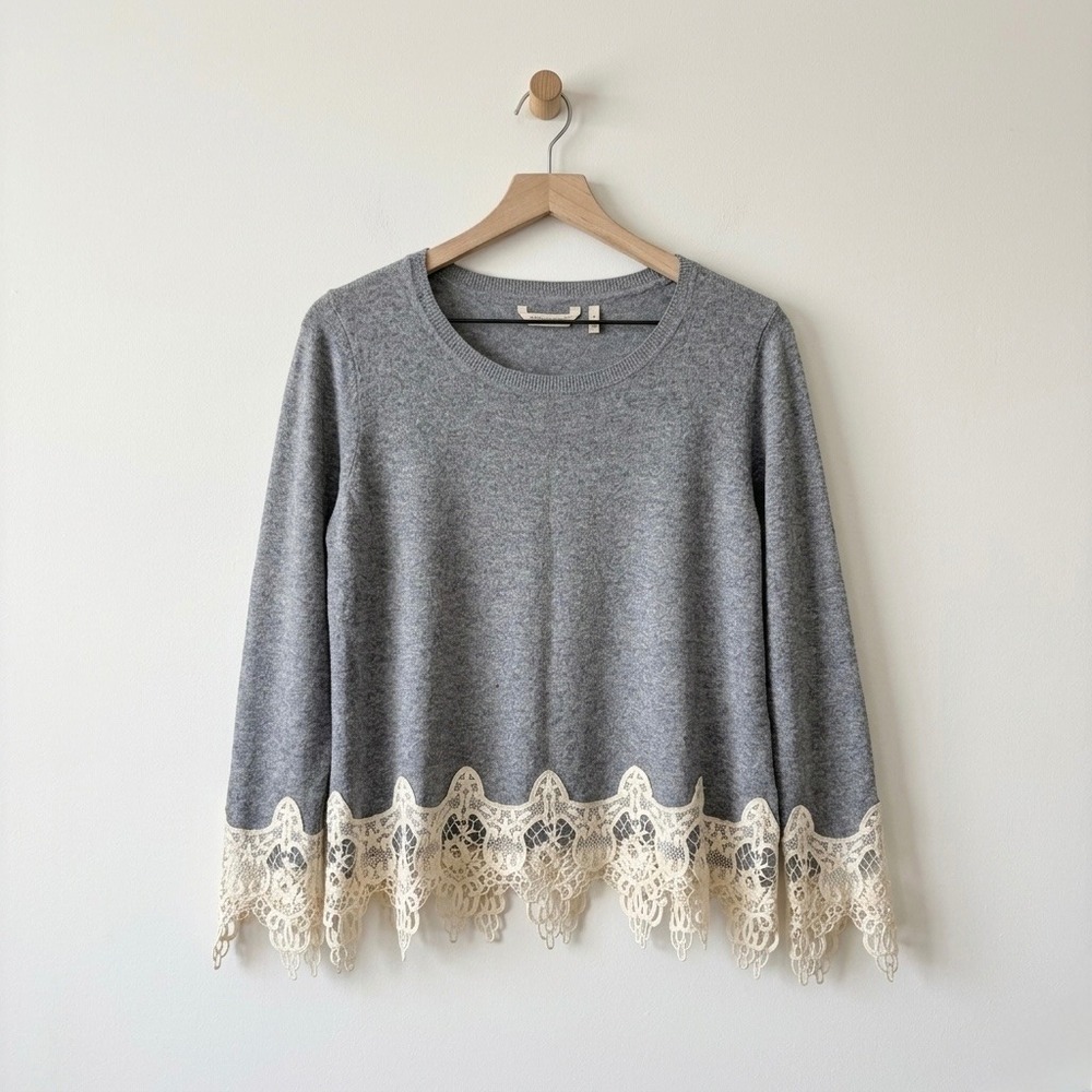 Soft Surroundings Isabeau Gray Lace Trim Sweater XL Long Sleeve Scalloped Hem